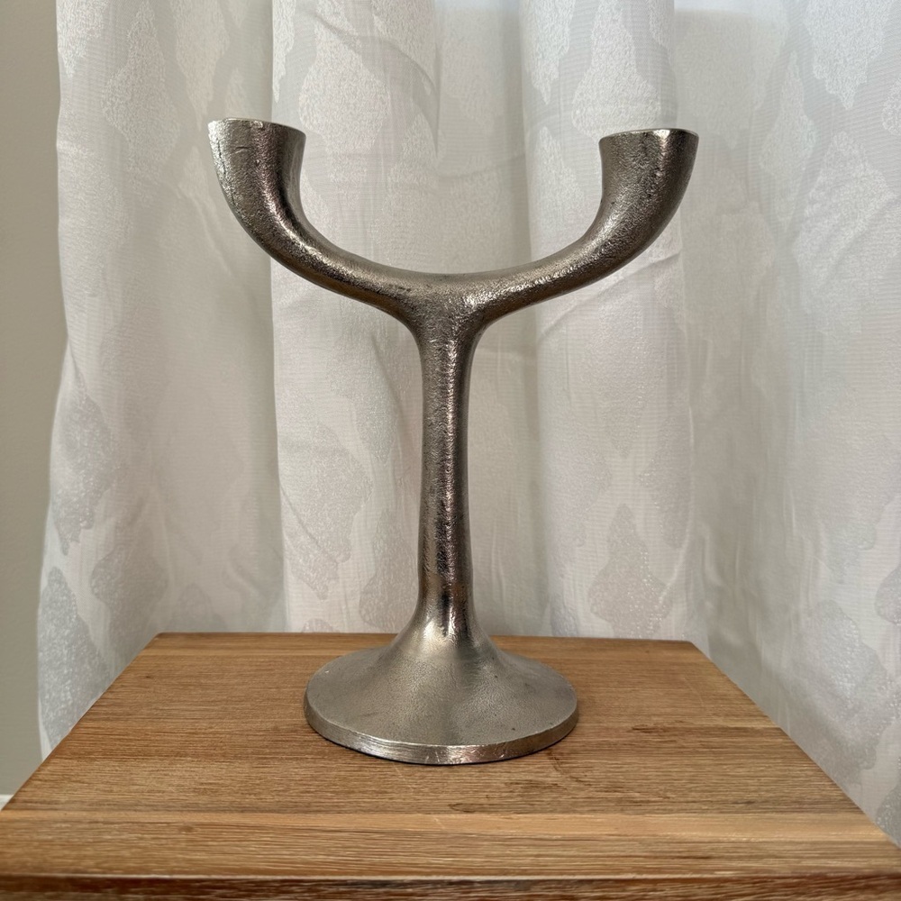 Crate & Barrel Double Taper Silver Metal Candle Holder